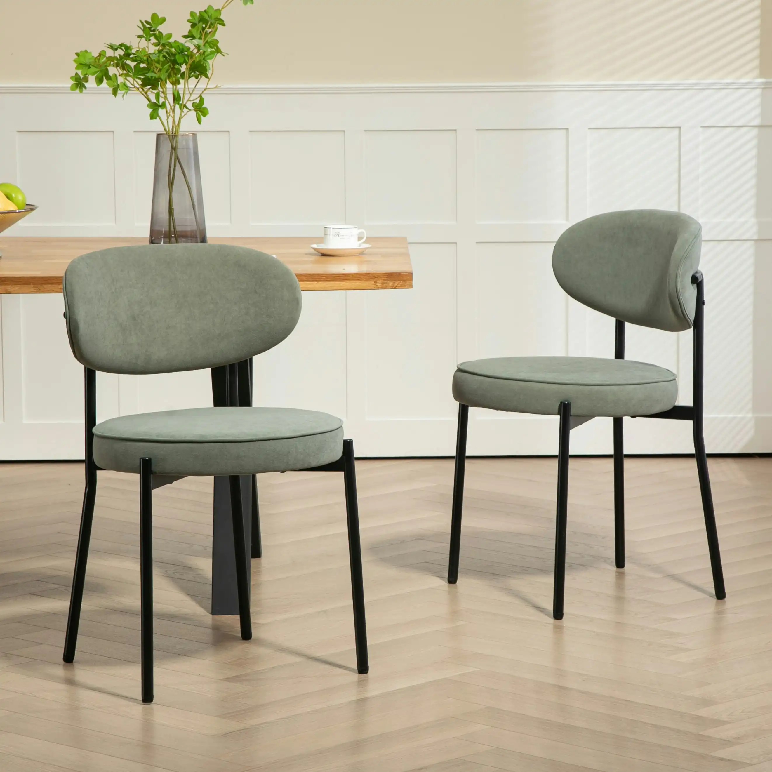 IHOMDEC Mid-Century Round Upholstered Dining Chair with Metal Frame and Legs Set of 2 Green