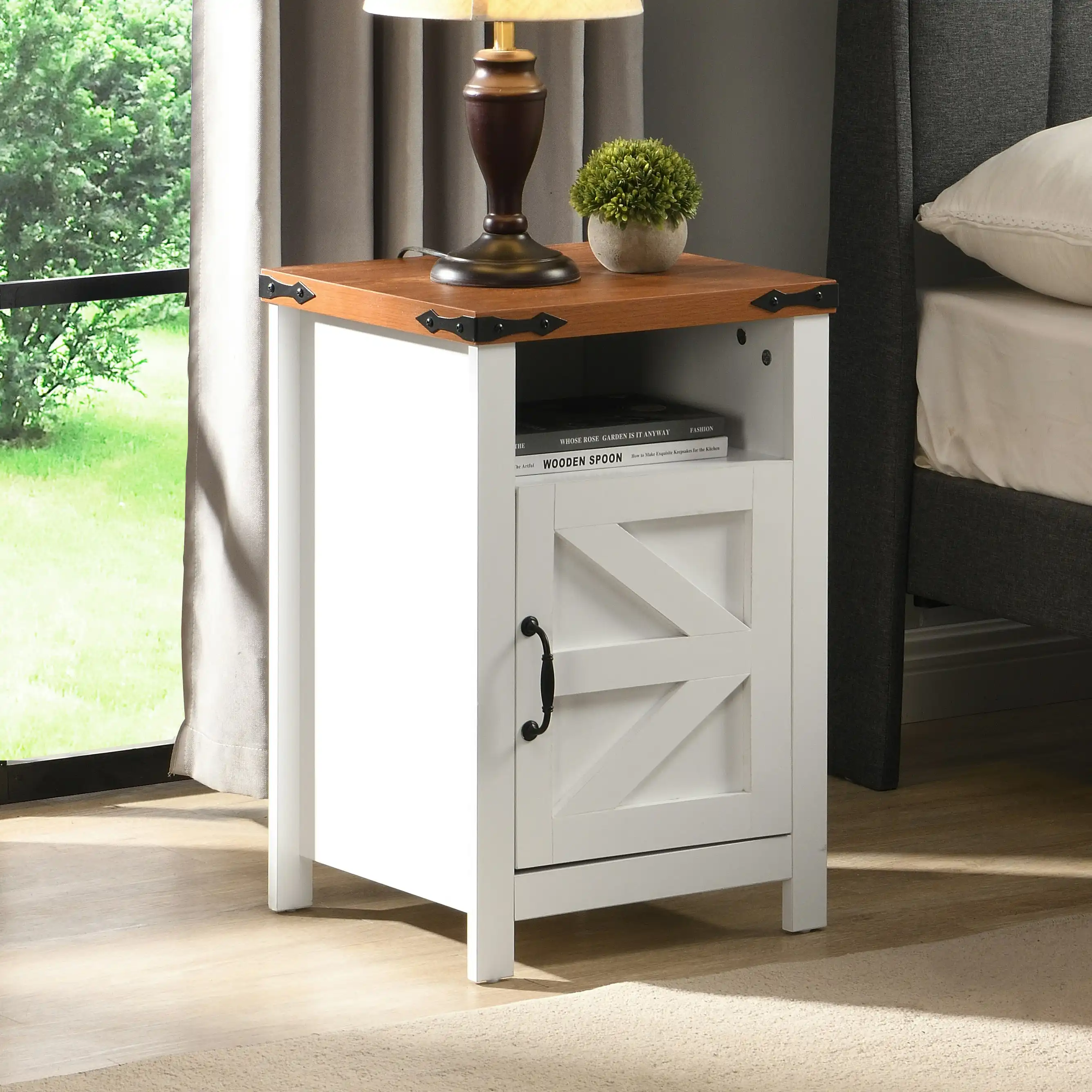 IHOMDEC Modern Wooden Nightstand 1 Cabinet and Open Storage Shelf White