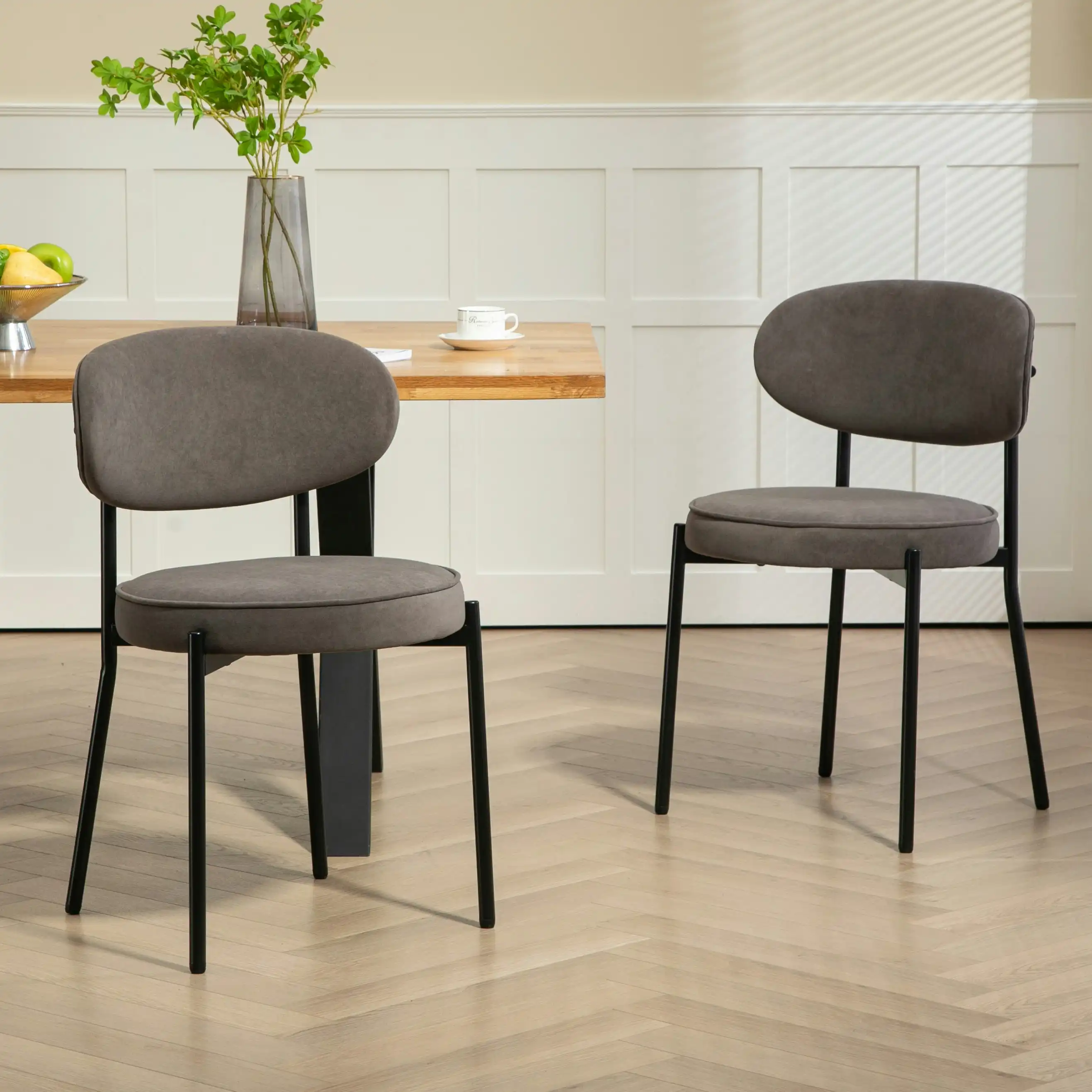 IHOMDEC Mid-Century Round Upholstered Dining Chair with Metal Frame and Legs Set of 2 Dark Grey