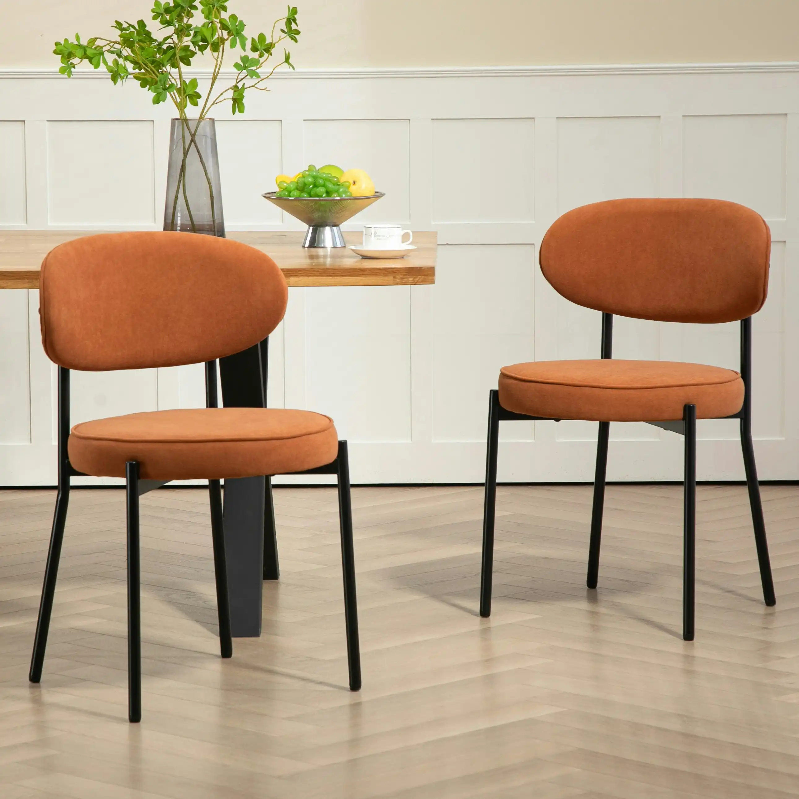 IHOMDEC Mid-Century Round Upholstered Dining Chair with Metal Frame and Legs Set of 2 Rust Orange
