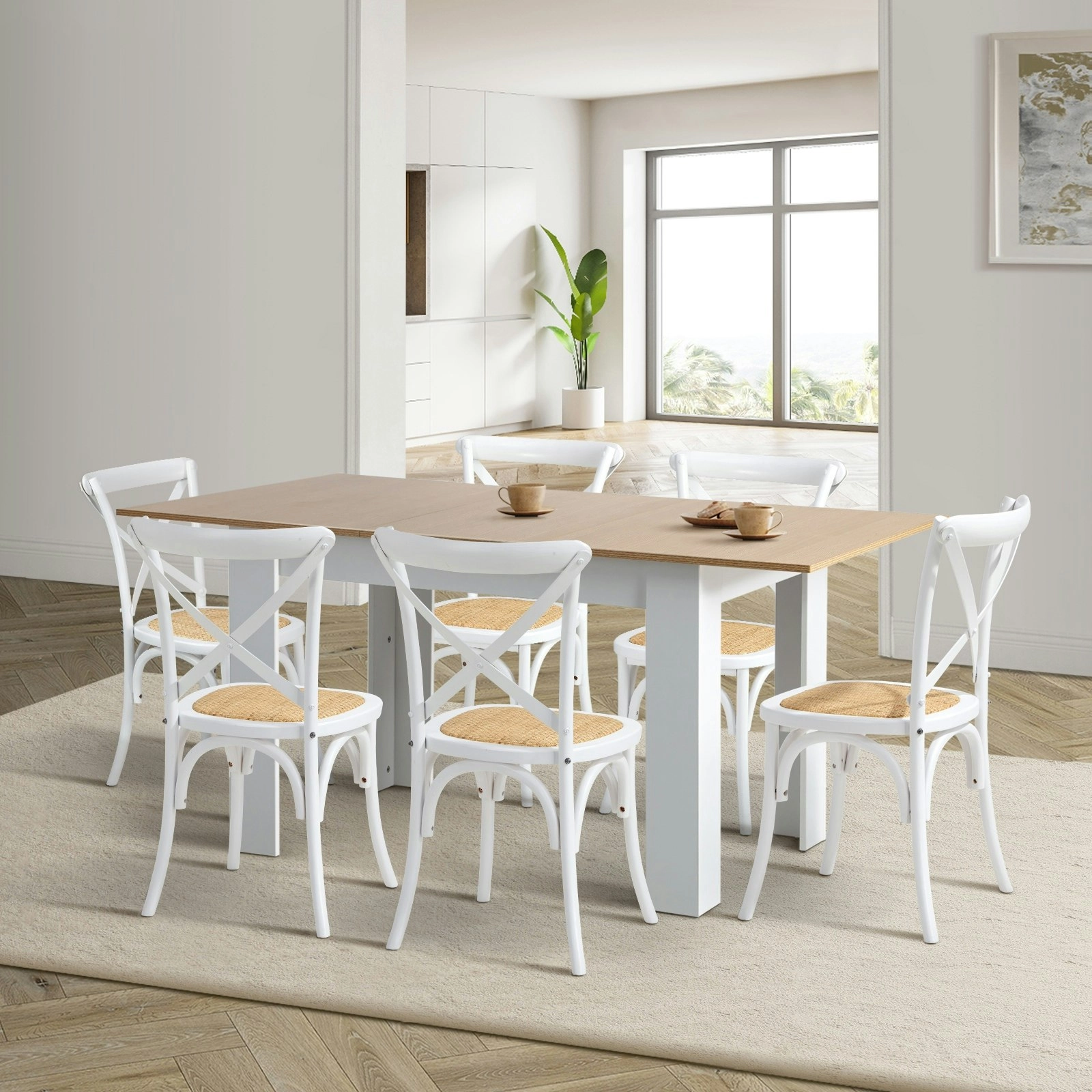 Oikiture 160cm Extendable Dining Table with 6PCS Dining Chairs Crossback White