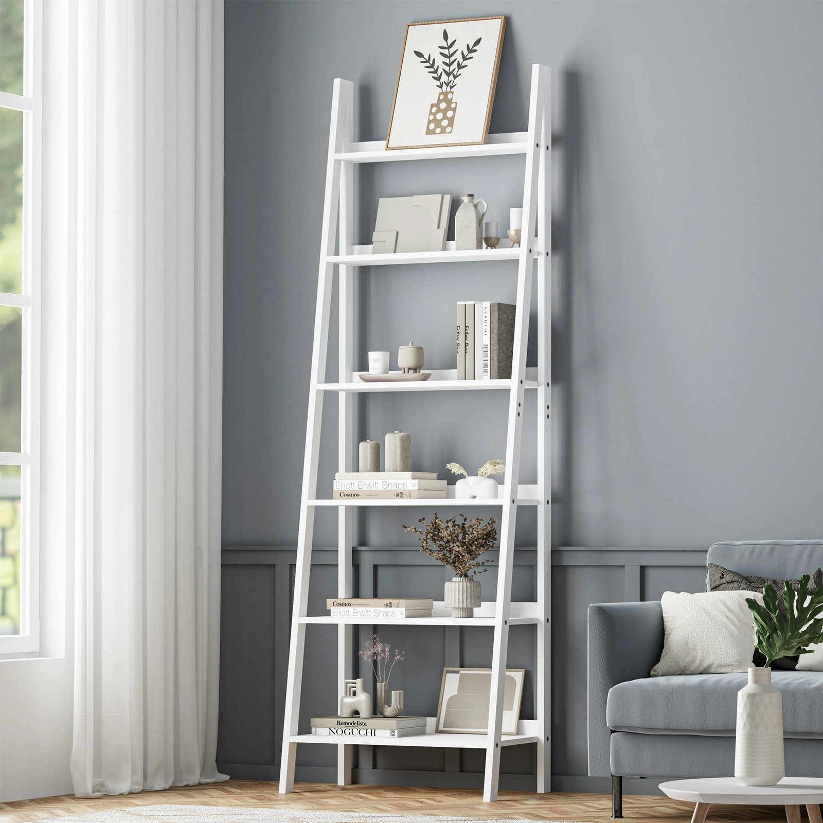 Oikiture Bookshelf 6 Tier Corner Ladder Shelf Home Storage Display Rack White