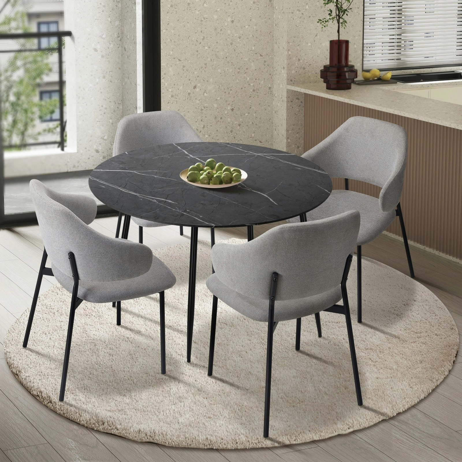 Oikiture 110cm Round Dining Table Black&Grey with 4PCS Dining Chairs Linen Grey