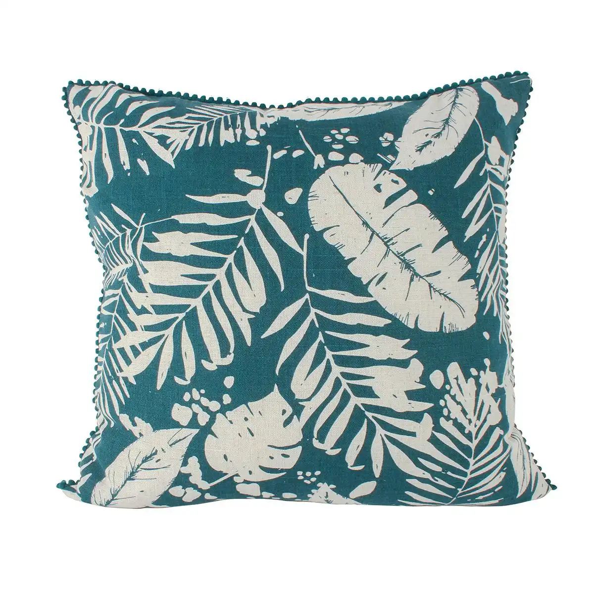 Teal Linen Leaf Print Cushion 45 x 45cm