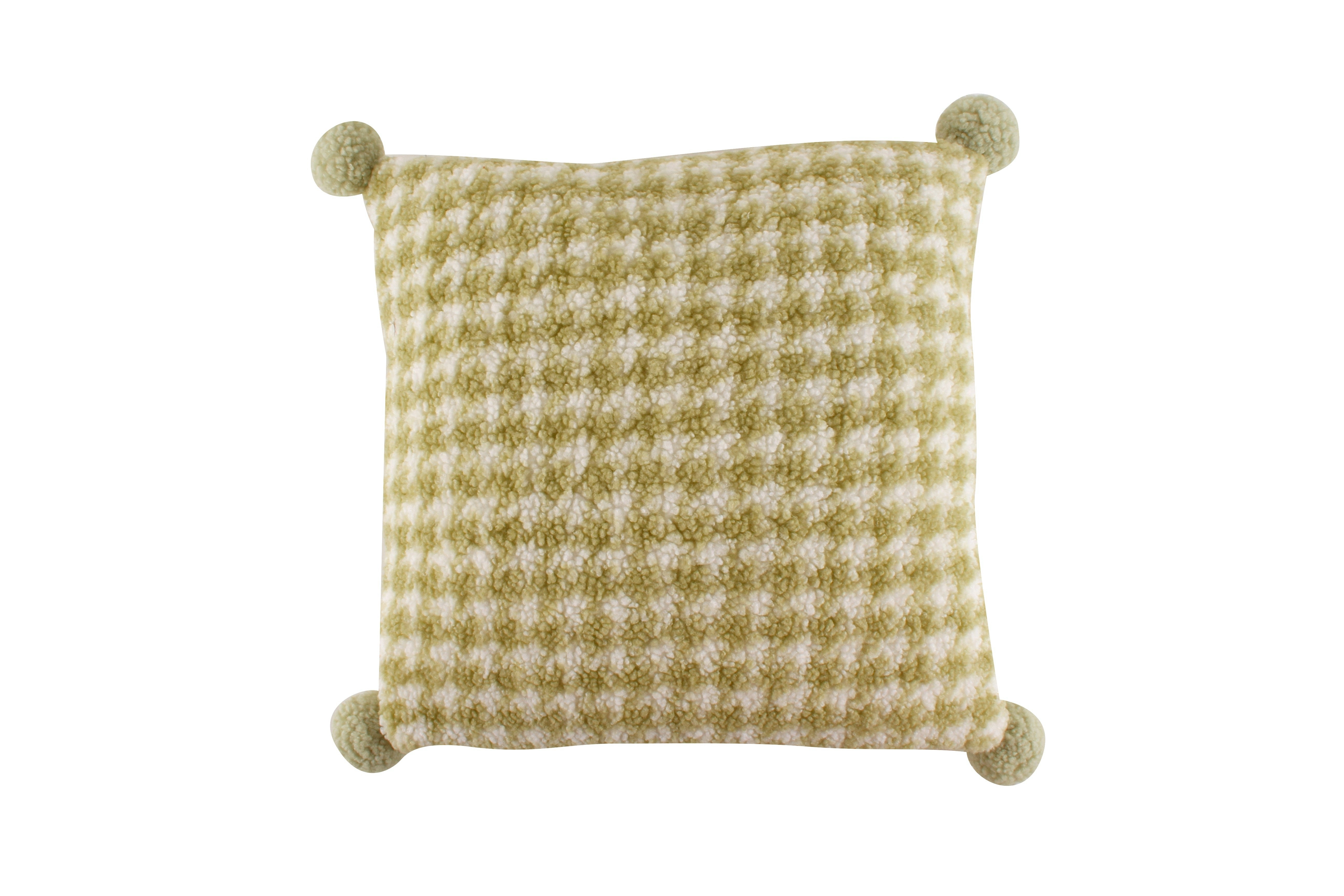 Sage Fluffy Houndstooth Cushion with Pom Pom 50 x 50 cm