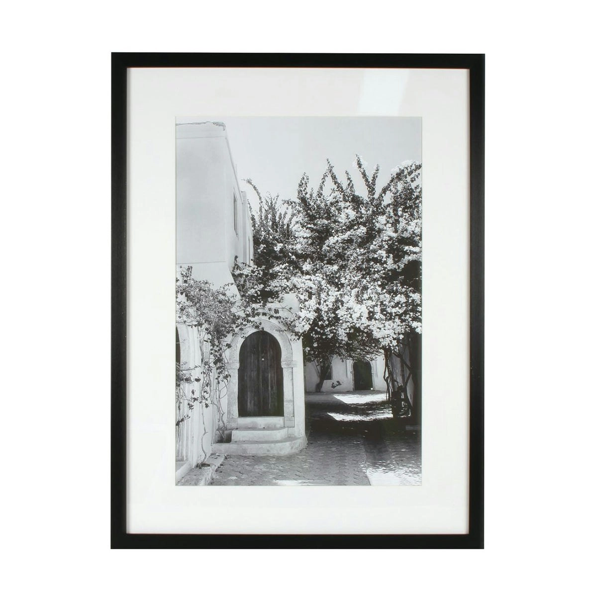 Whitewashed Building with Bougainvillea Art Framed in Glass 80 x 60 x 4cm