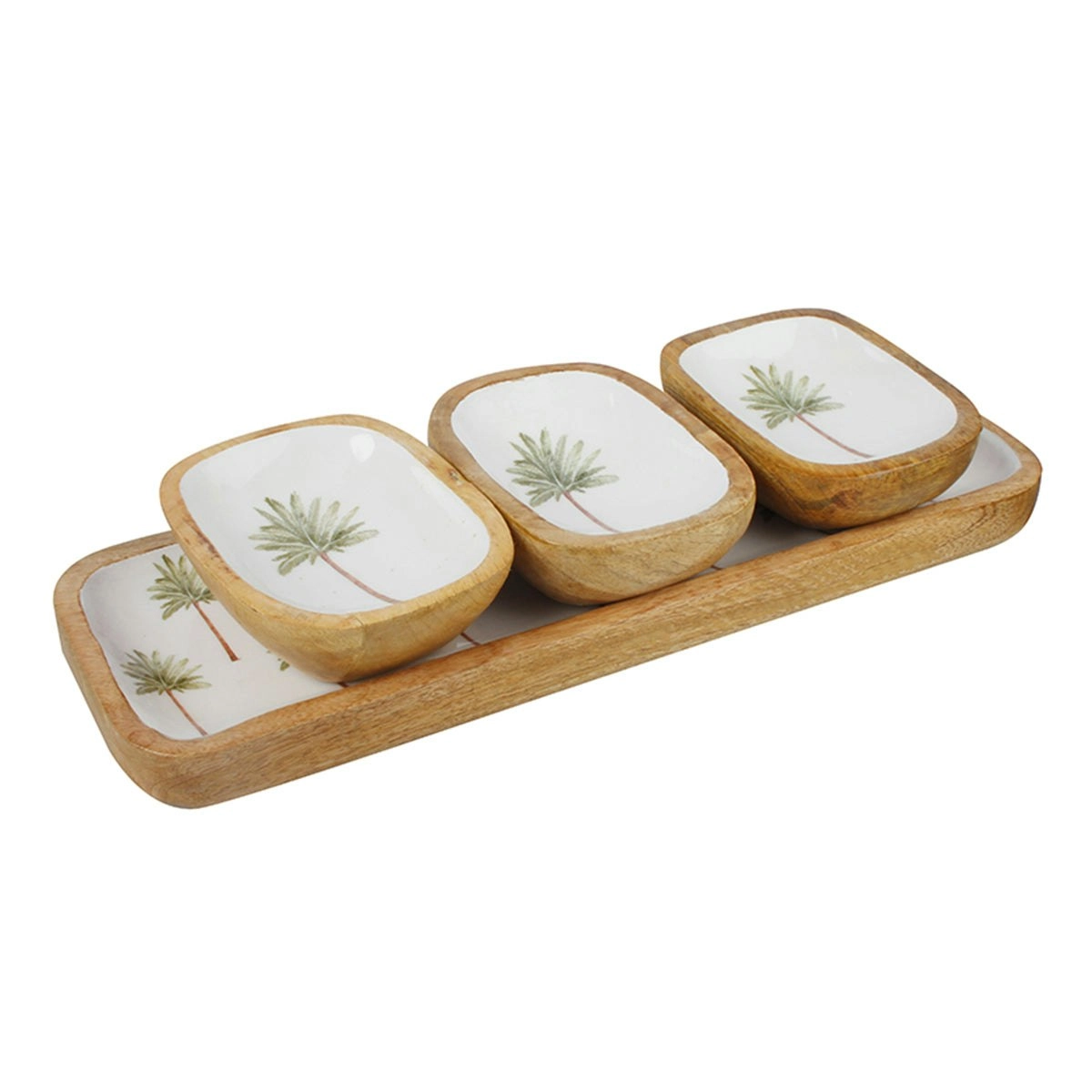 St Barts Palm Wood Set Of 3 Dip Bowl &Tray