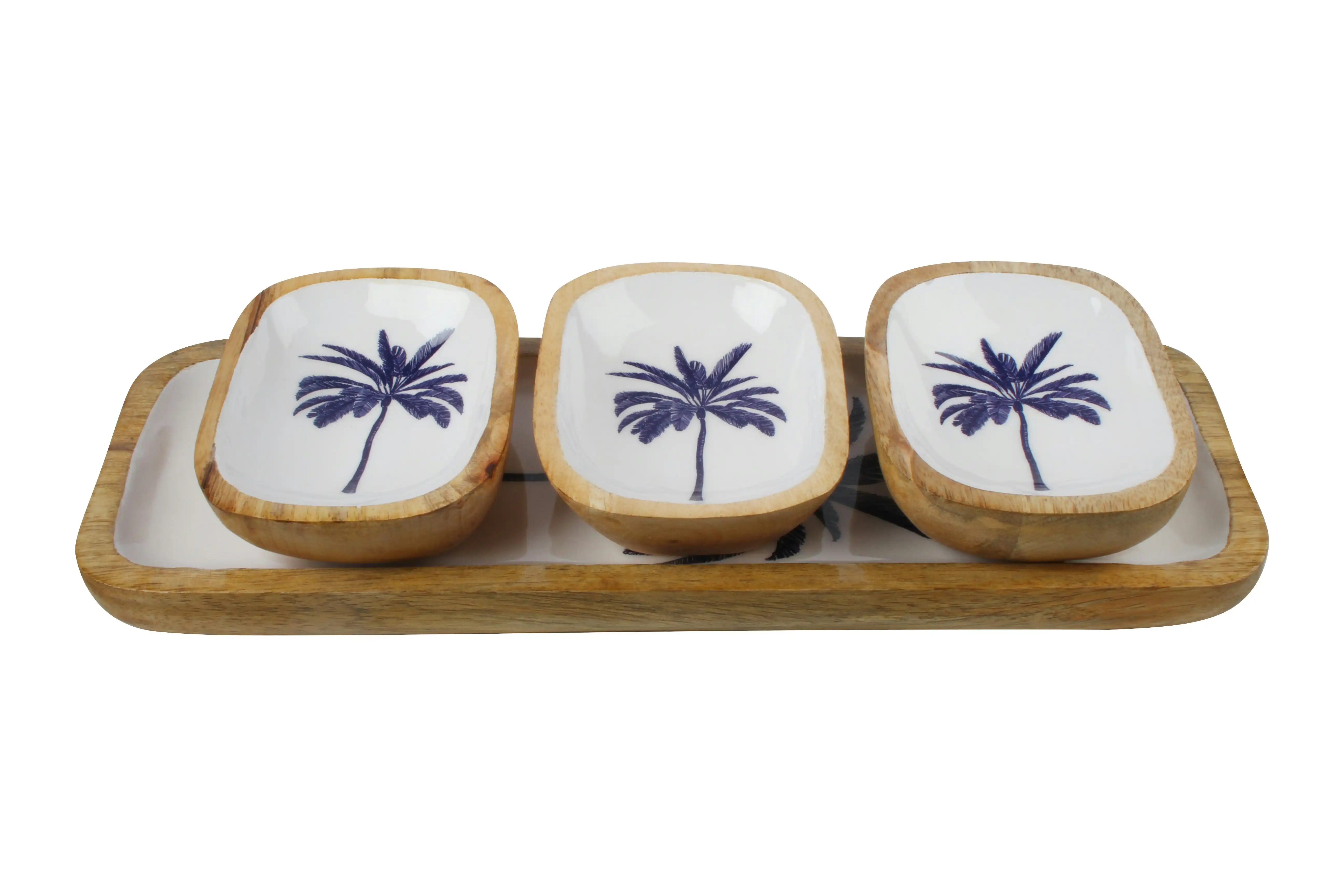 Belize Blue Palm Set Of 3 Dip Bowls & Tray