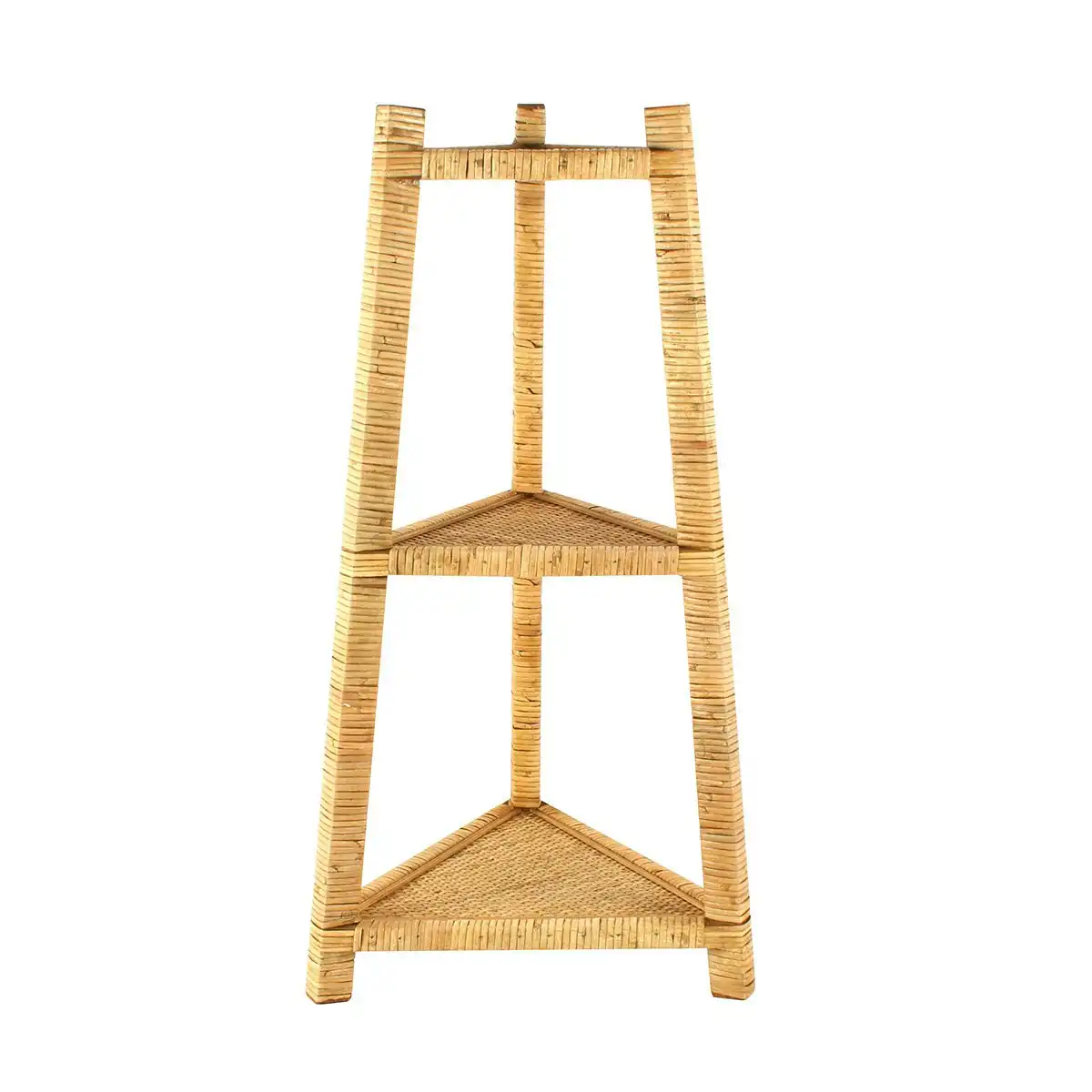 3 Tier Natural Rattan Triangle Shelf, 70 x 38 x 33cm