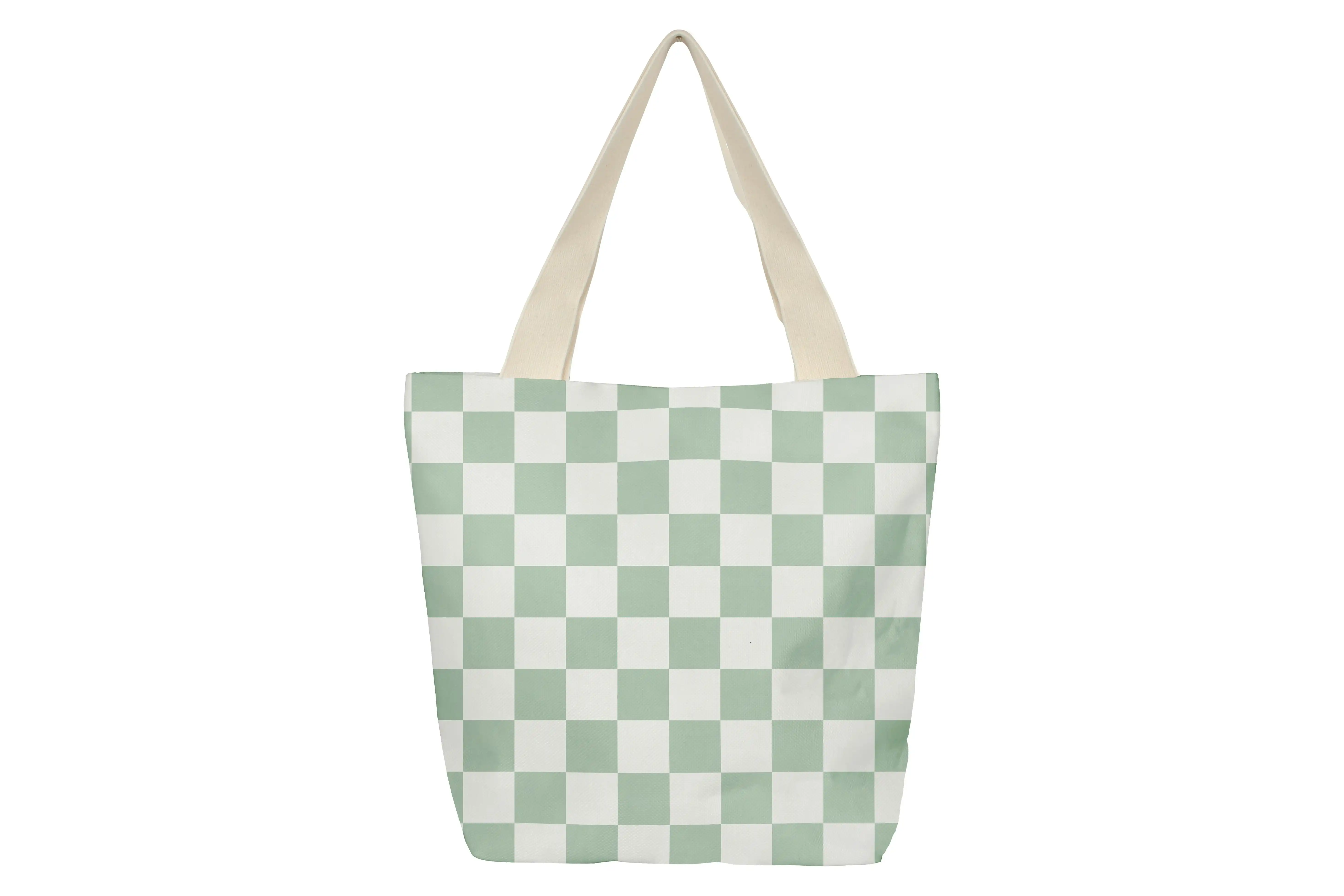 Beach Bag With Inner Pocket 50 x 42 x 15cm- Sage Check