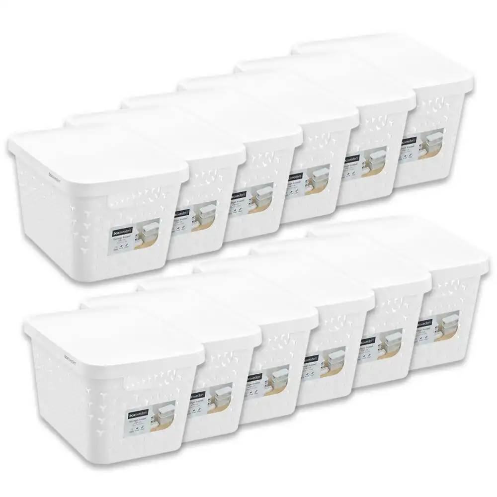 12x Boxsweden Storage Basket with Lid Home Organiser 36 x 27 x 22 cm - White