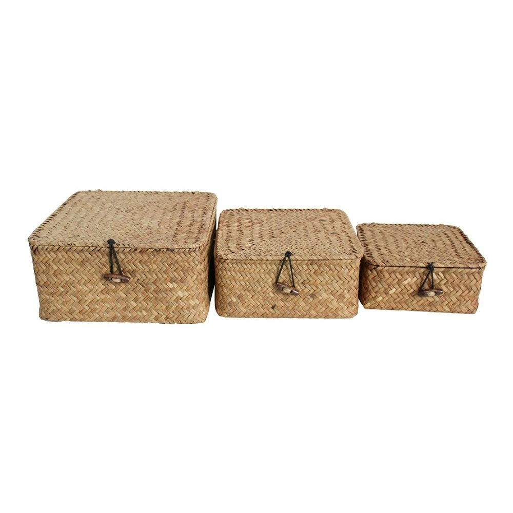 3pc Woven Straw 15/18/21cm Lidded Box Set Storage Organiser w/ Handle Natural