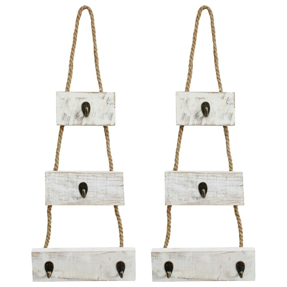 2x Rope Wall Hooks Metal/Wood/Rope 67cm Wall Hanging Coat Hanger Organiser