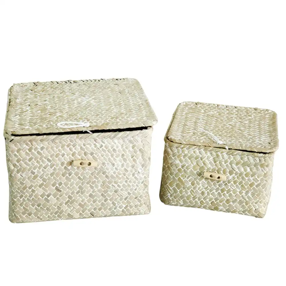 2pc Maine & Crawford Leia Basket Square Storage Organiser w/ Lid Large Whitewash