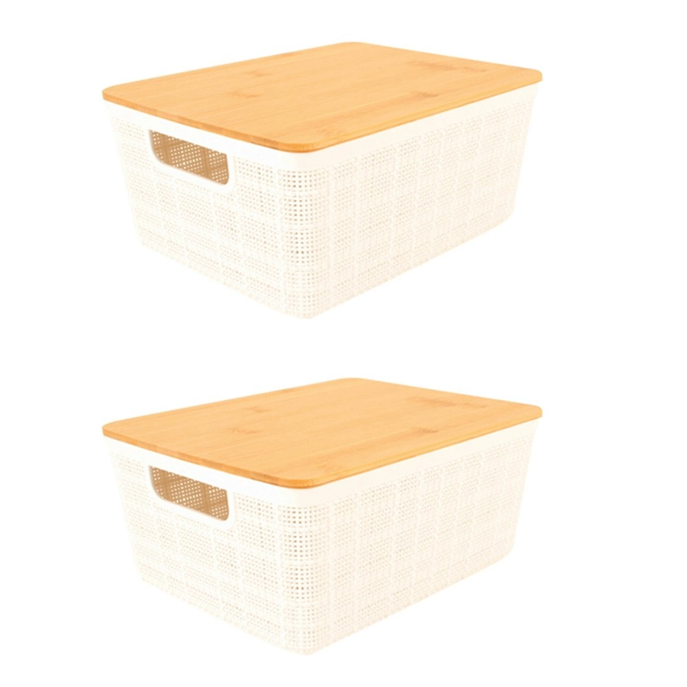 2x Home Expression 20cm Plastic Storage Basket w/Bamboo Lid Home Organiser White