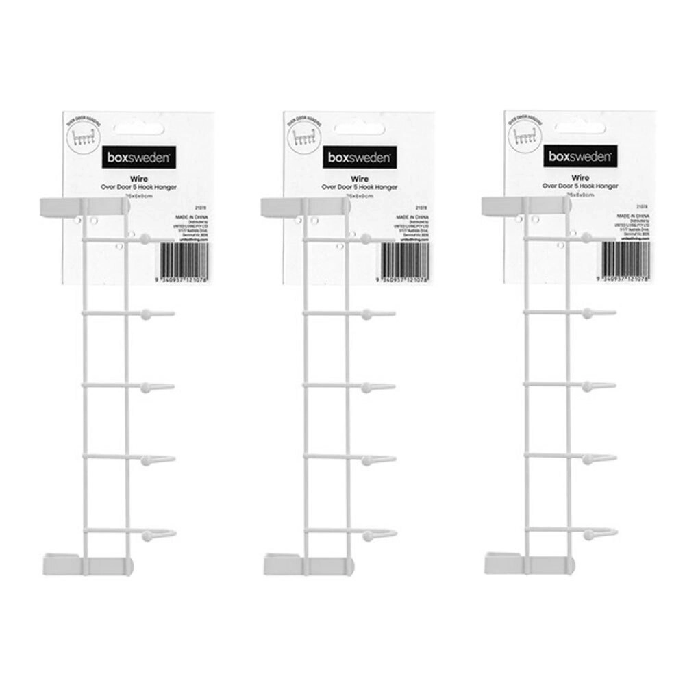 3x Boxsweden Wire Over Door 5 Hook Storage Hanger Organiser 25x6x9cm White