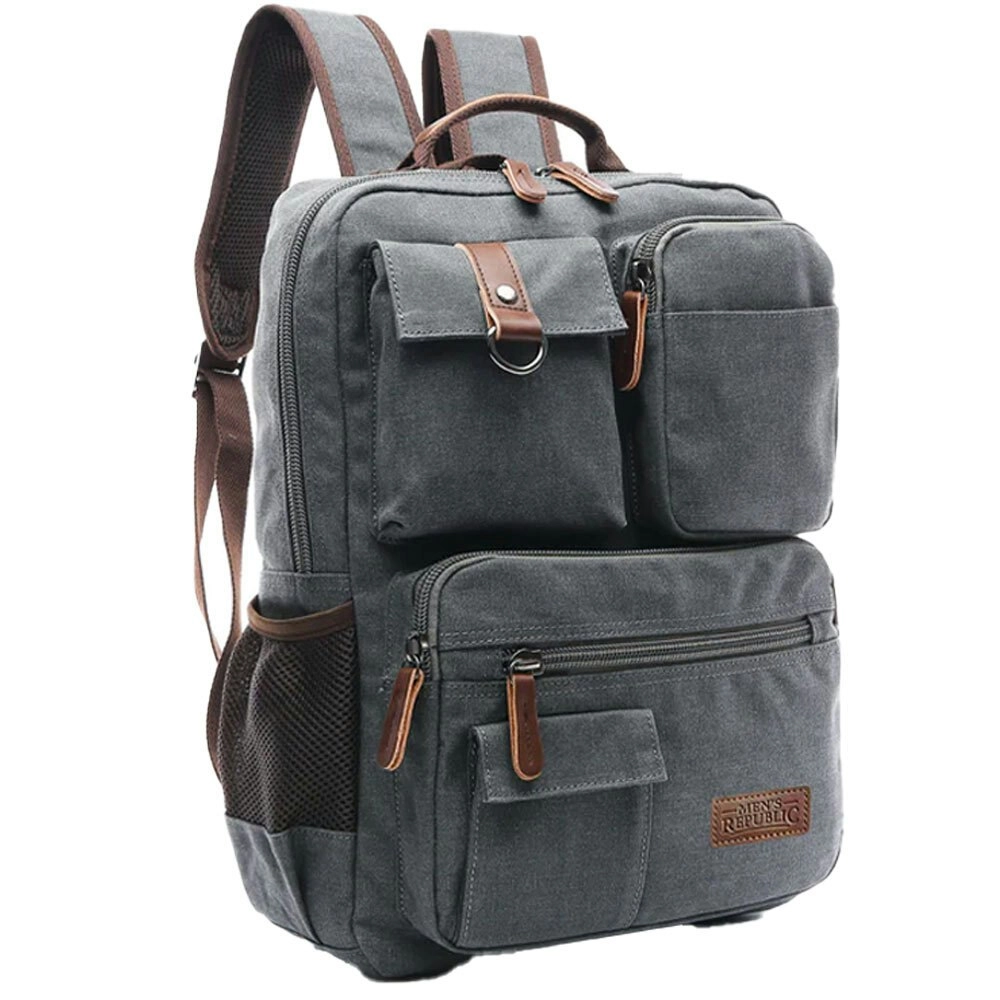 Men's Republic 8 Compartment Canvas Vintage Look Laptop Backpack - Grey