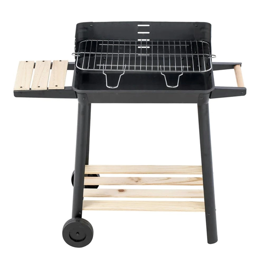 Hacienda 87cm Charcoal Grill BBQ Trolley Stand w/Manual Rotisserie Stick Black