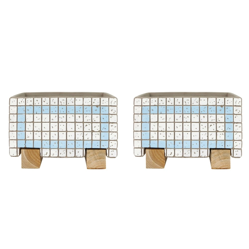 2x Urban Brix Rectangular 21cm Concrete Planter Flower Pot Decor White/Blue