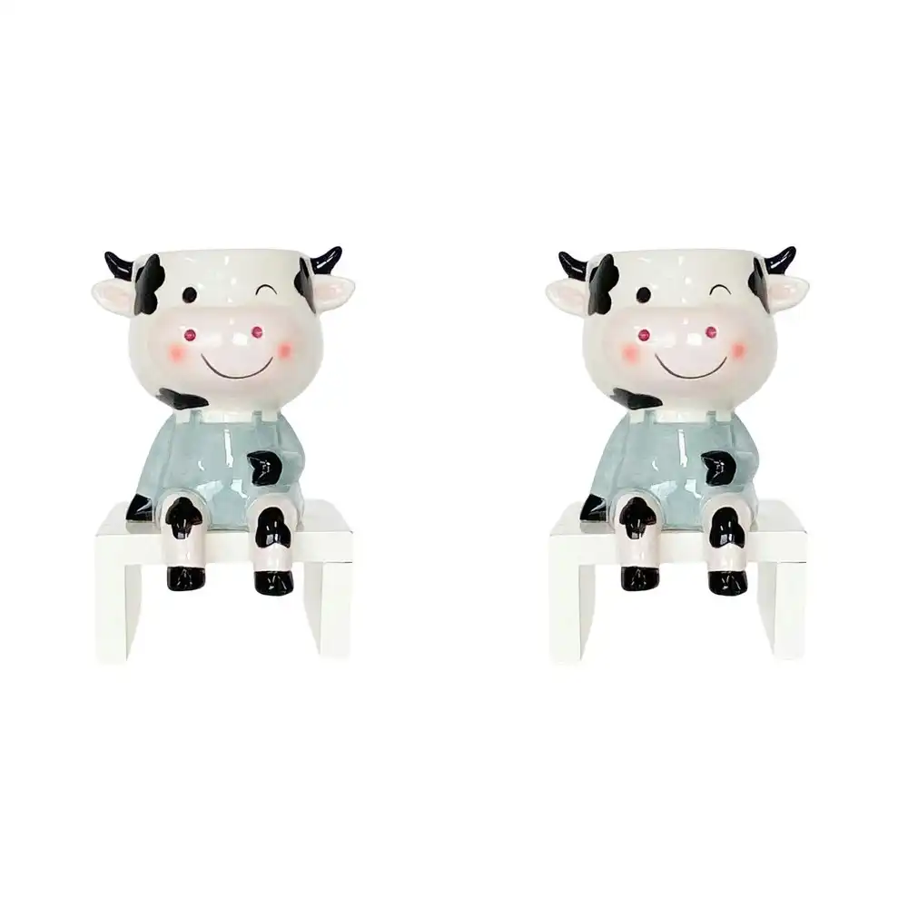 2x Urban Products Sitting Cow Themed Planter Home Garden Decor White Sage 14cm