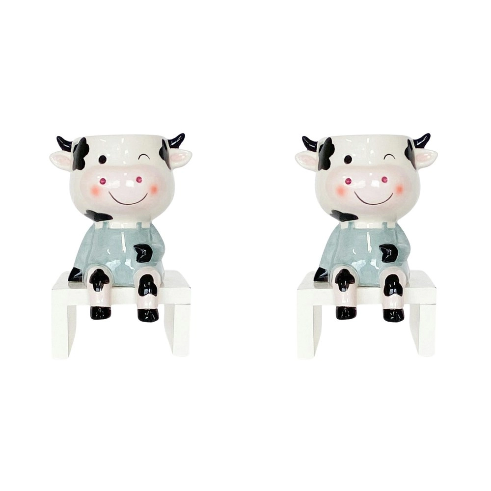 2x Urban Products Sitting Cow Themed Planter Home Garden Decor White Sage 14cm