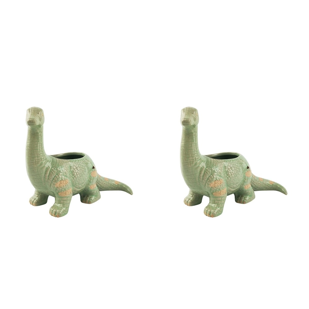 2x Urban Dinosaur 15cm Ceramic Planter Outdoor Garden Ornament Plant Pot Green