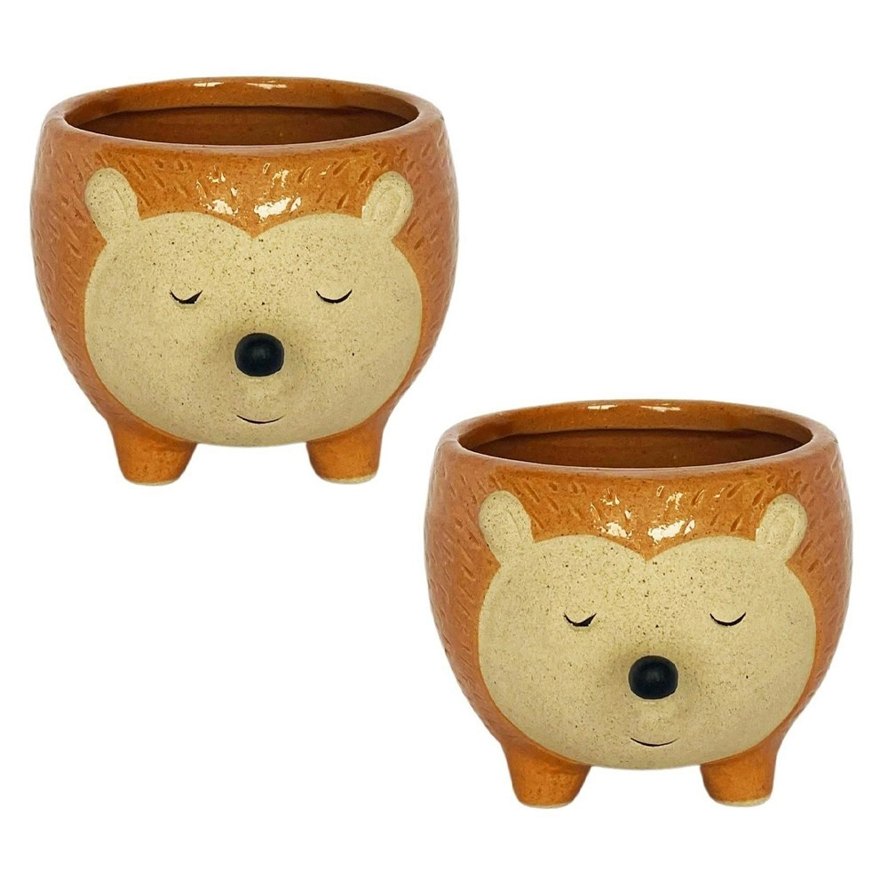 2x Urban Hedgehog 9.5cm Ceramic Planter Home Ornament Display Pot Small Orange