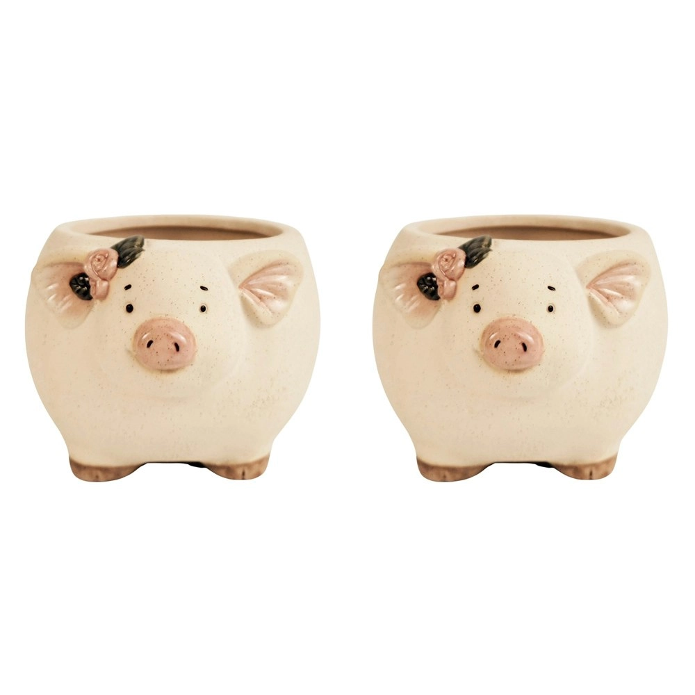 2x Urban 9.5cm Ceramic Pig w/ Flowers Planter Plant Pot Home/Garden Decor Sand