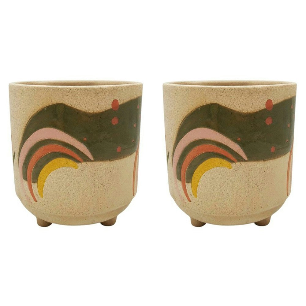 2x Urban Haven Rainbow 15cm Ceramic Planter w/ Legs Plant Pot Medium Pink/Green