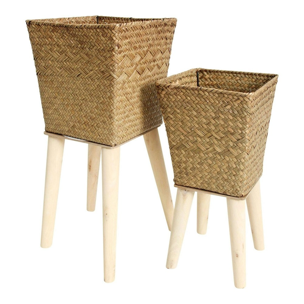 2PK Straw Planter 48/38cm Flower/Plant Pot Set w/ Wood Stand Home Decor Natural