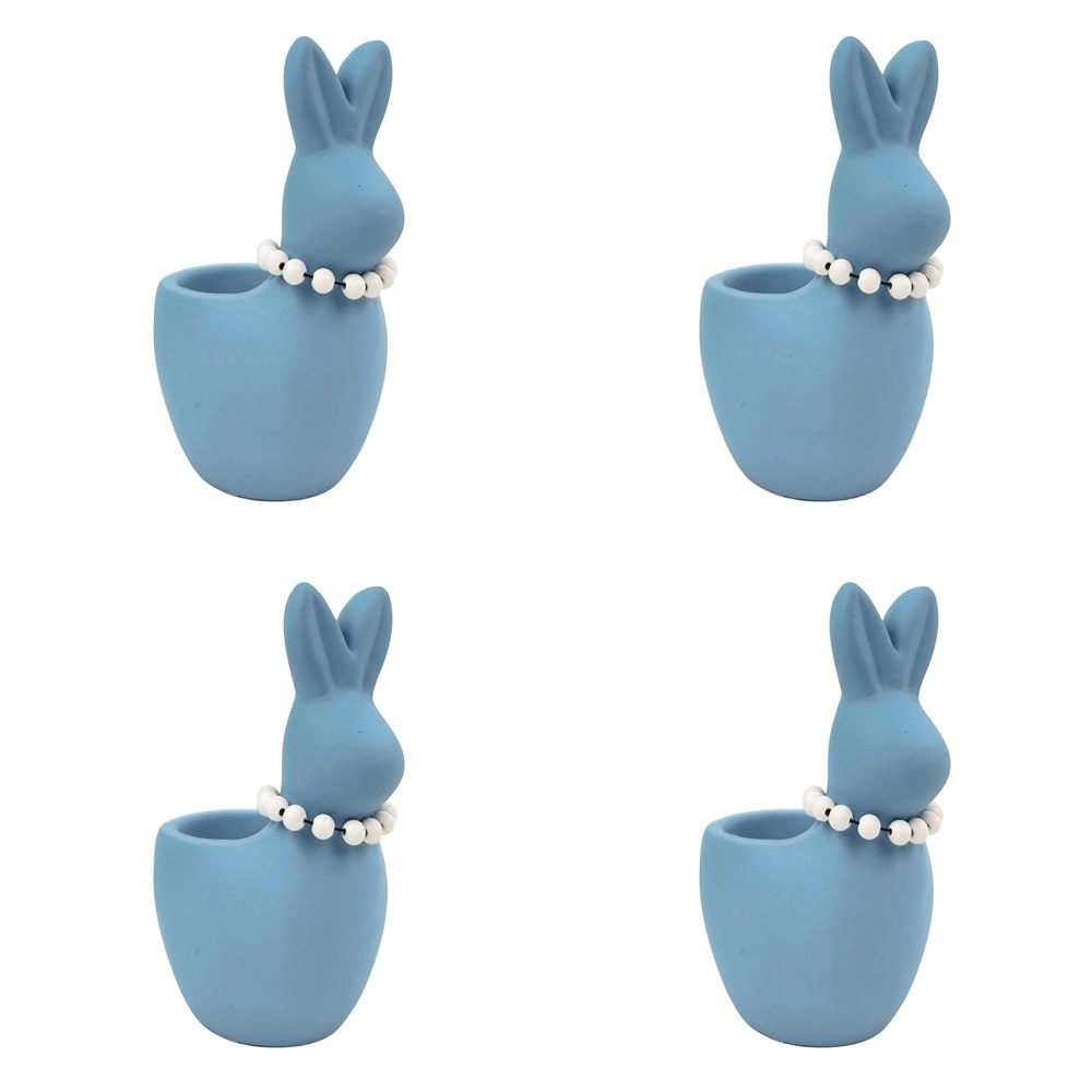 4x Urban Cute Bunny w/ Pearls 16cm Concrete Planter Flower/Plant Pot Medium Blue