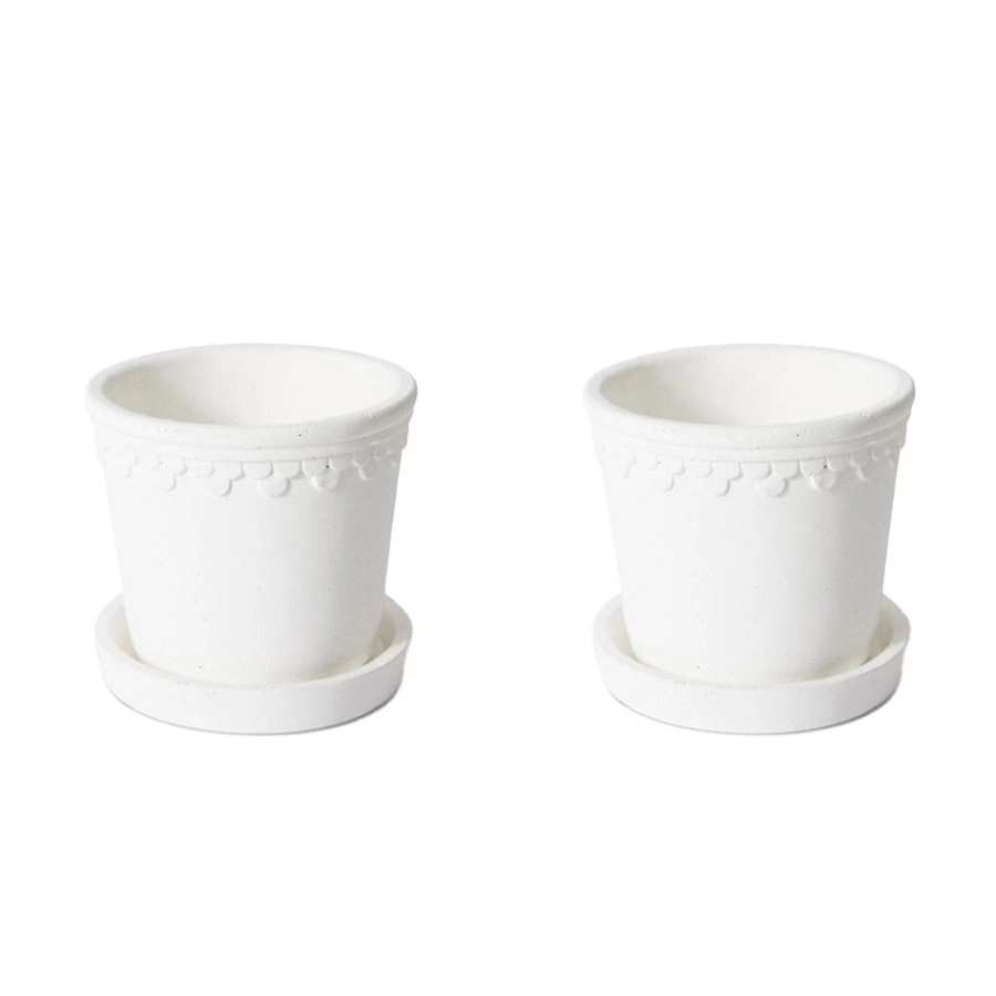 2x E Style Sophia 13cm Cement Plant Pot w/ Saucer Flower Planter Decor White