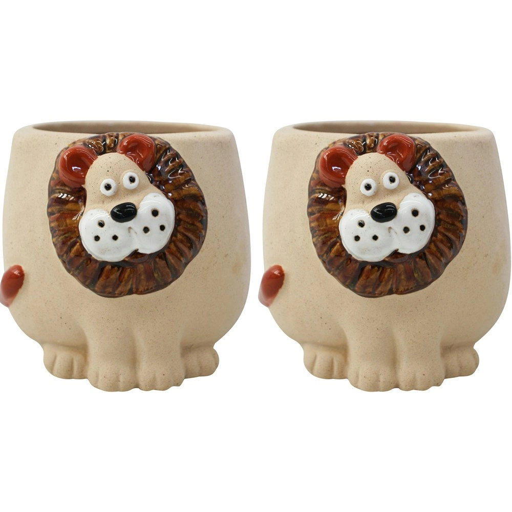 2x Leo Lion King Ceramic Planter Home/Garden Decorative Plant/Flower Pot Brown