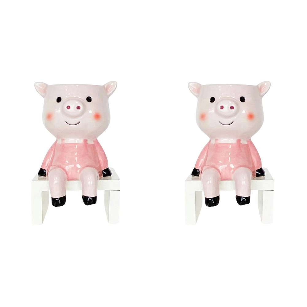 2x Urban Products Sitting Pig Themed Planter Home Garden Decor Light Pink 14cm