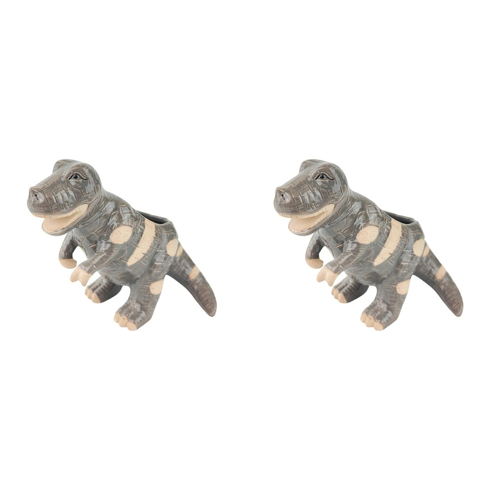 2x Urban T-Rex Dinosaur 13cm Ceramic Planter Garden Ornament Display Pot Grey