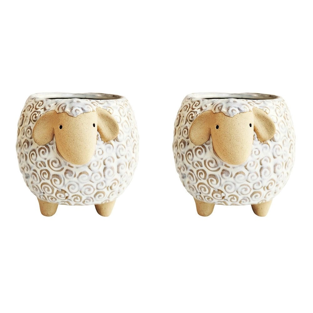 2x Urban 12cm Ceramic Sheep Planter Plant/Flower Pot Home/Garden Decor WHT/Sand