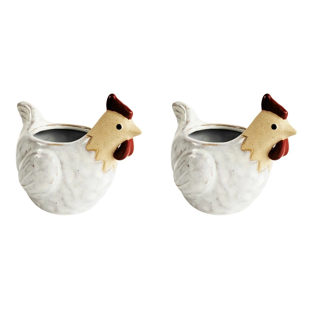 2x Urban 10cm Ceramic Chicken Planter Plant Pot Home/Garden Decor Med White/Sand