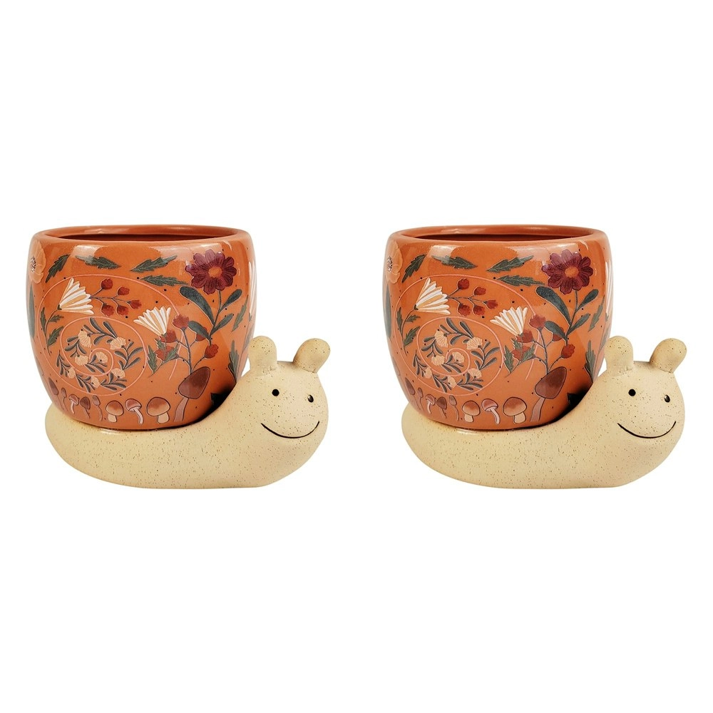 2x Urban 11cm Ceramic Snail w/Flowers Planter Plant Pot Garden Decor Pink/Sand