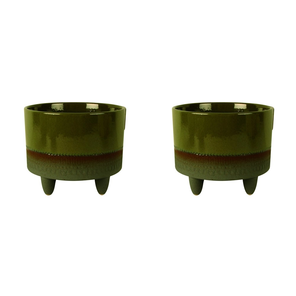 2x Maine & Crawford Tage 16x15cm Ceramic Plant Pot Home Decor w/Feet Olive Green