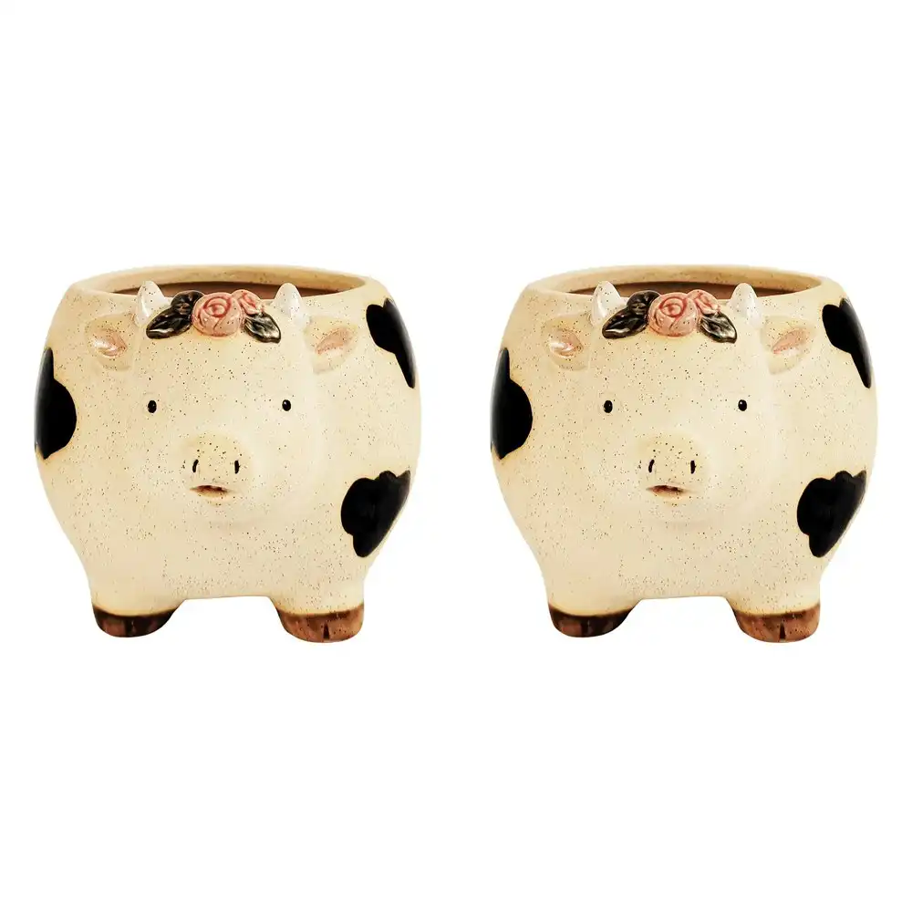 2x Urban 12.5cm Ceramic Cow w/ Flowers Planter Plant Pot Home/Garden Decor Sand