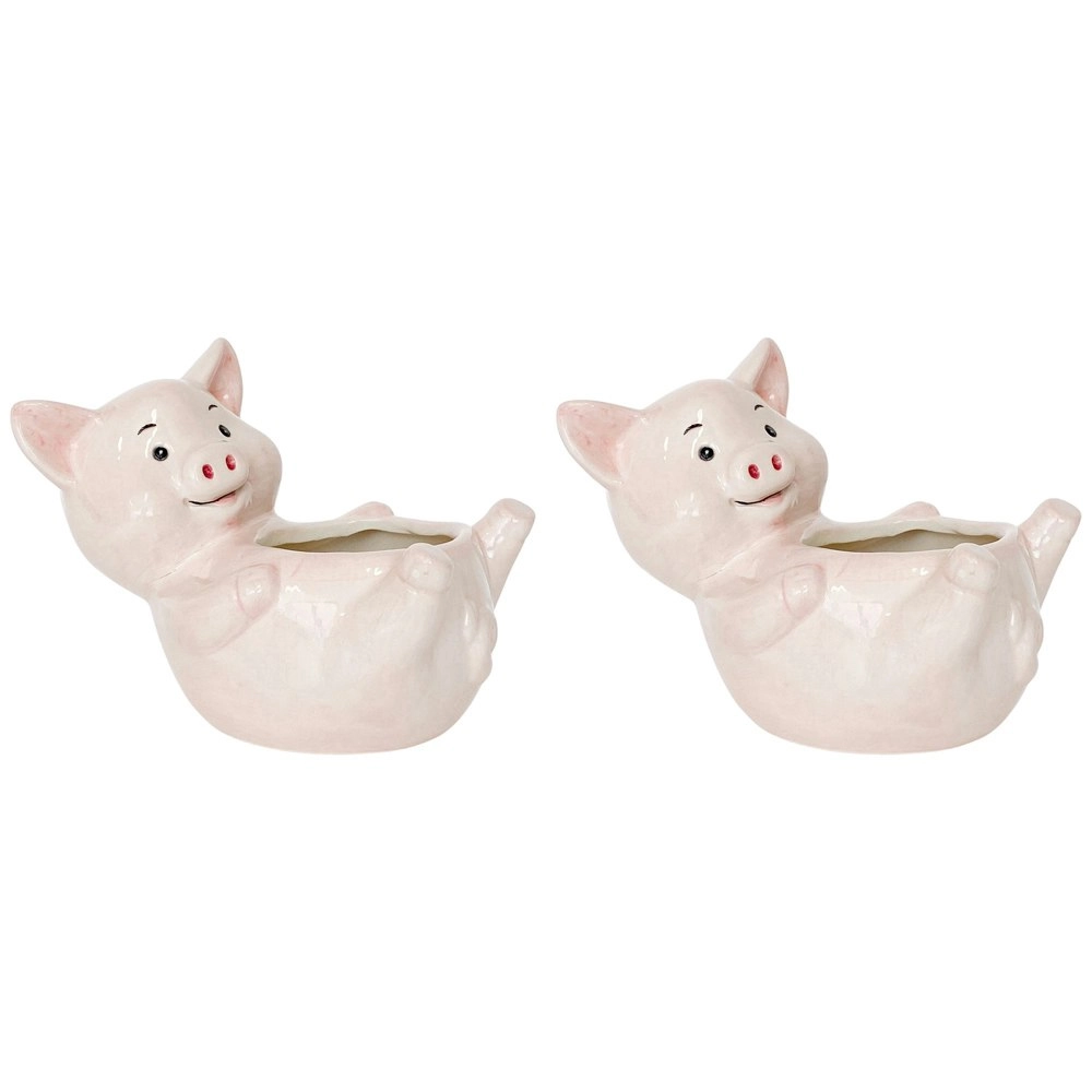 2x Urban Products Reclining Pig Themed Planter Home Garden Decor Light Pink 17cm