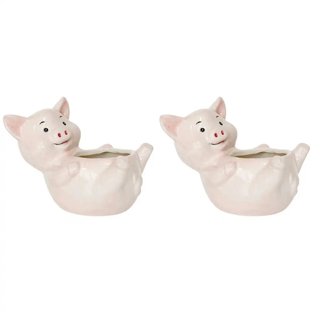 2x Urban Products Reclining Pig Themed Planter Home Garden Decor Light Pink 17cm