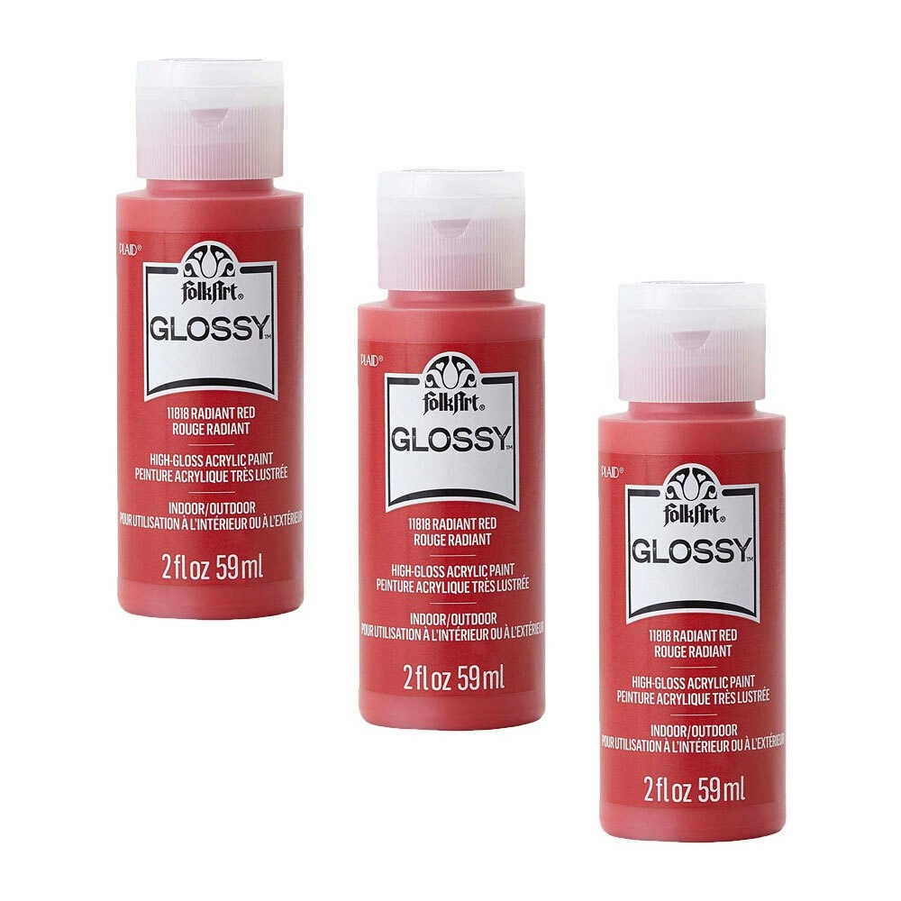 3x Plaid FolkArt Premium 59ml Acrylic Art Paint Radiant Red Glossy Shine Finish