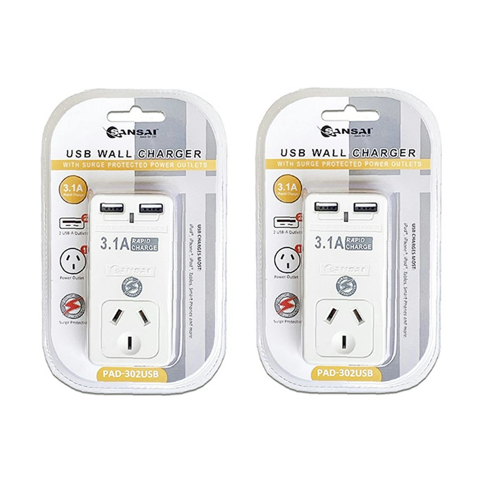 2PK Sansai 3.1A USB Wall Socket Adaptor Plug Phone Charger With USB-A Ports Wht