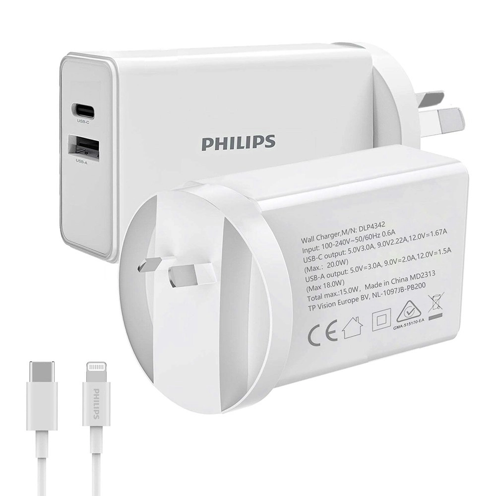 Philips 20W iPhone Wall Charger Adapter w/USB-C to Mfi-Certified Lightning Cable