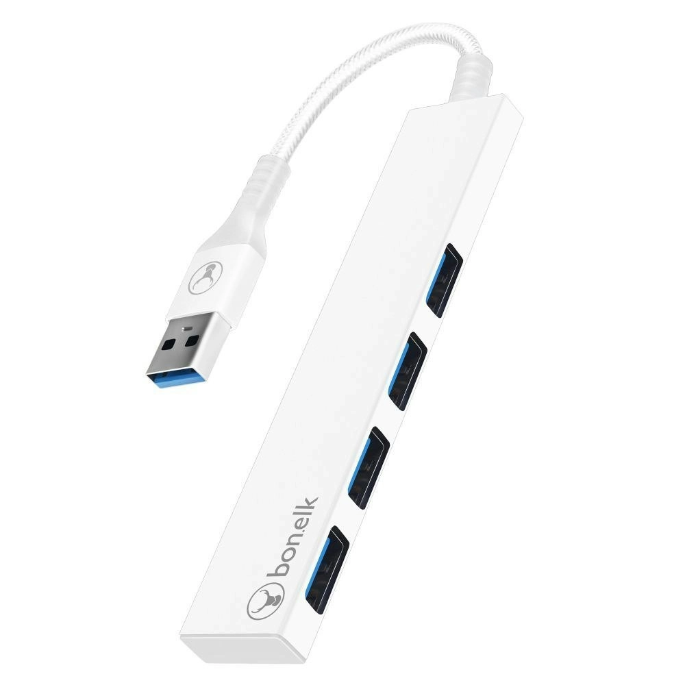 Bonelk Long-Life Male USB-A to 4-Port Female USB 3.0 Slim Hub For Laptop White