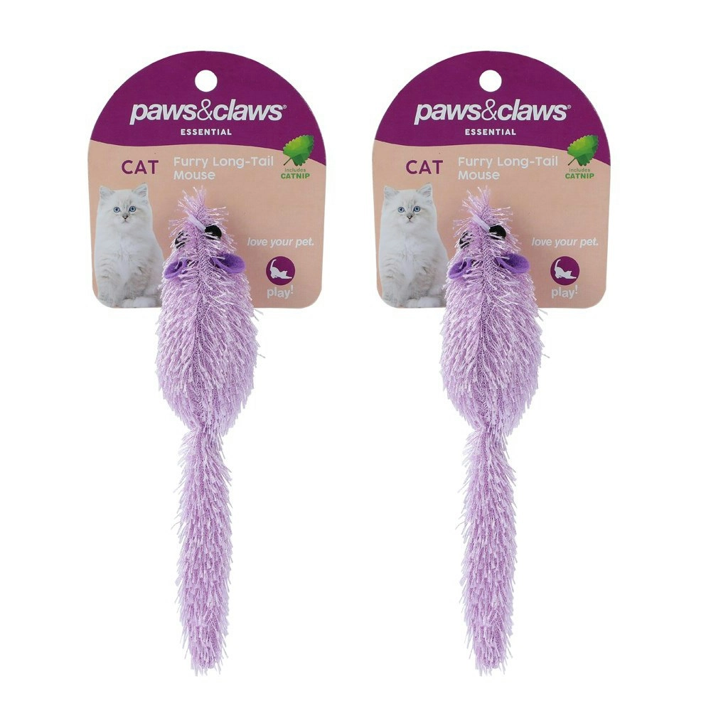 2x Paws & Claws 17cm Furry Long-Tail Catnip Mouse Interactive Toy for Cats Asstd