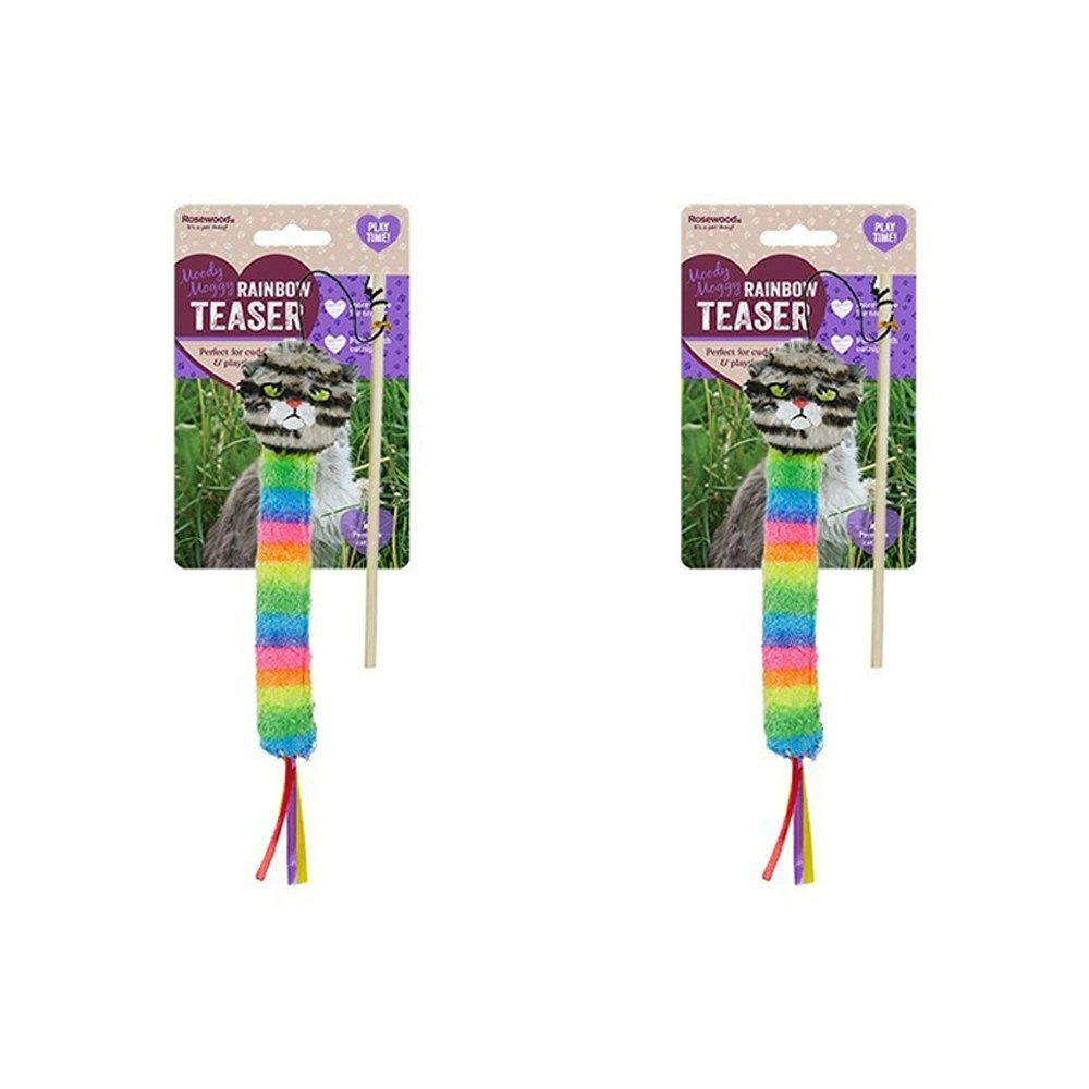 2x Rosewood Moody Moggy Rainbow Wood Handle Teaser Plush Cat/Kitten Pet Toy