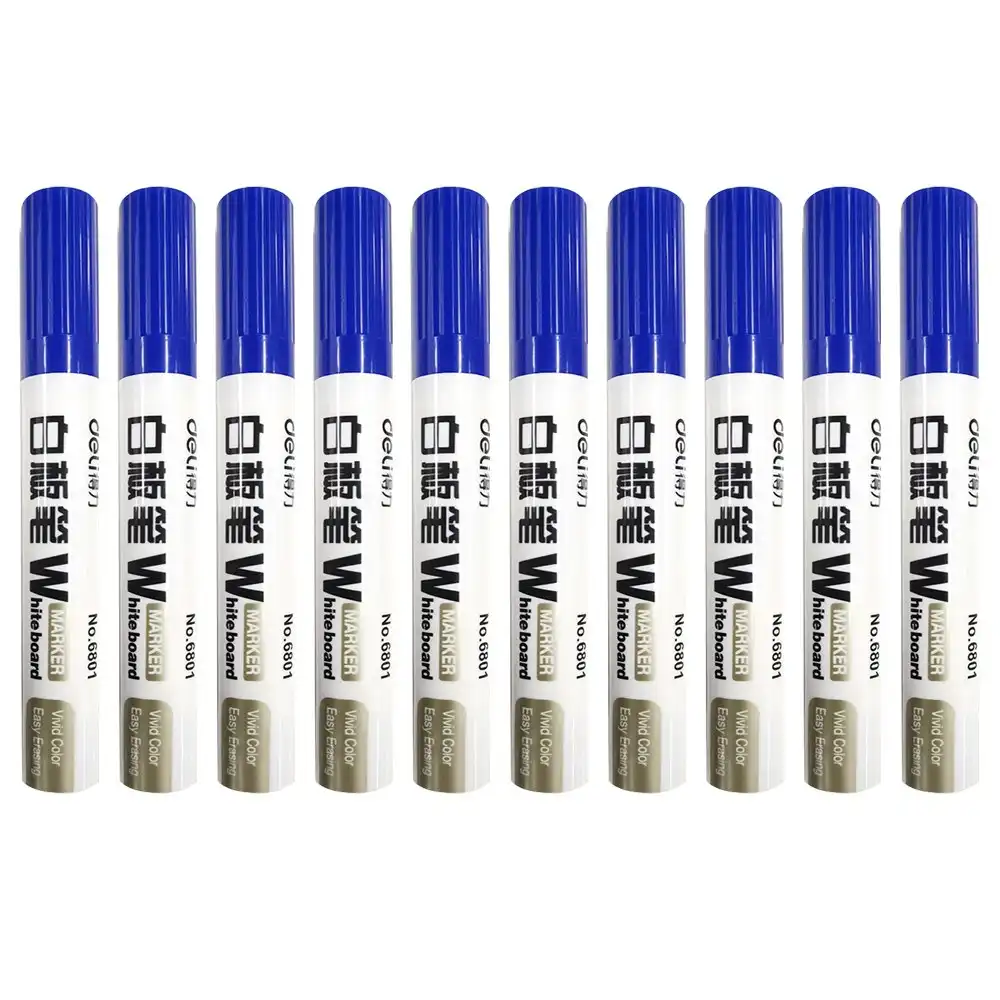10pc Deli Office/Home Erasable Whiteboard Marker/Pen Bullet Tip Blue