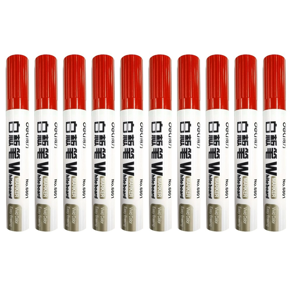 10pc Deli Office/Home Erasable Whiteboard Marker/Pen Bullet Tip Red